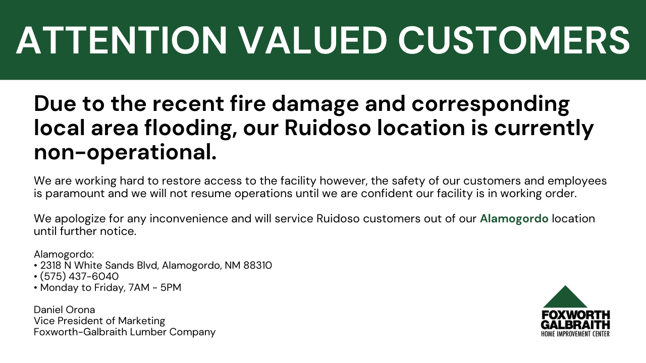 Hello Valued Customer, Due to flooding caused by local wildfires we will be closed until further notice. We apologize for any inconvenience this may cause.